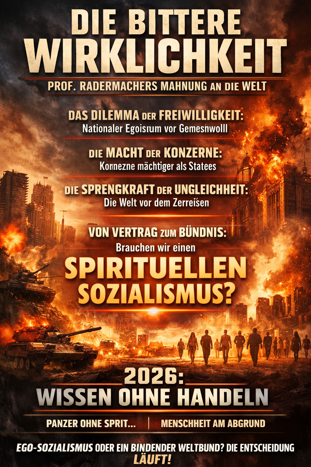 Plakat mit Texten zu Radermachers Thesen: Dilemma der Freiwilligkeit, Macht der Konzerne, Sprengkraft der Ungleichheit, Spiritueller Sozialismus, 2026 Wissen ohne Handeln, Menschheit am Abgrund