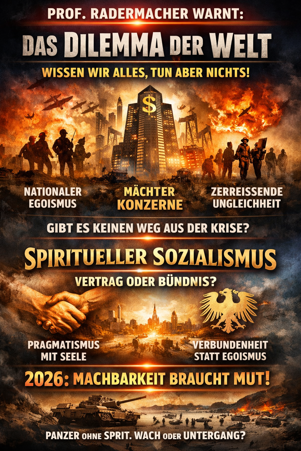 Zweites Bild mit apokalyptischem Szenario und dem Slogan 'Menschheit am Abgrund' und '2026 Wissen ohne Handeln'